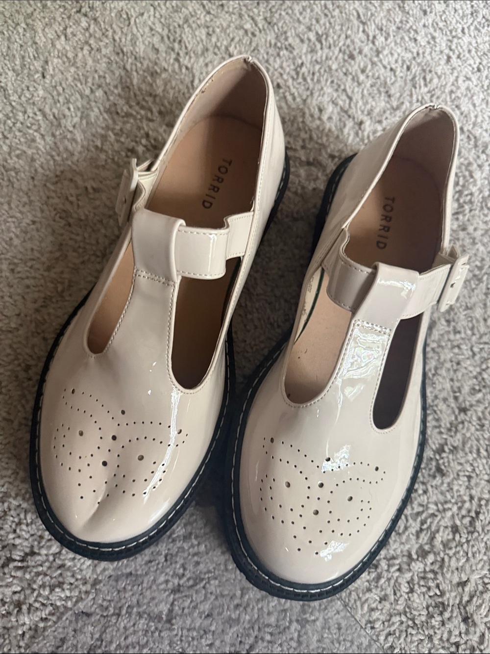 torrid Cream Patent T-Strap Loafers with Perforated Toe